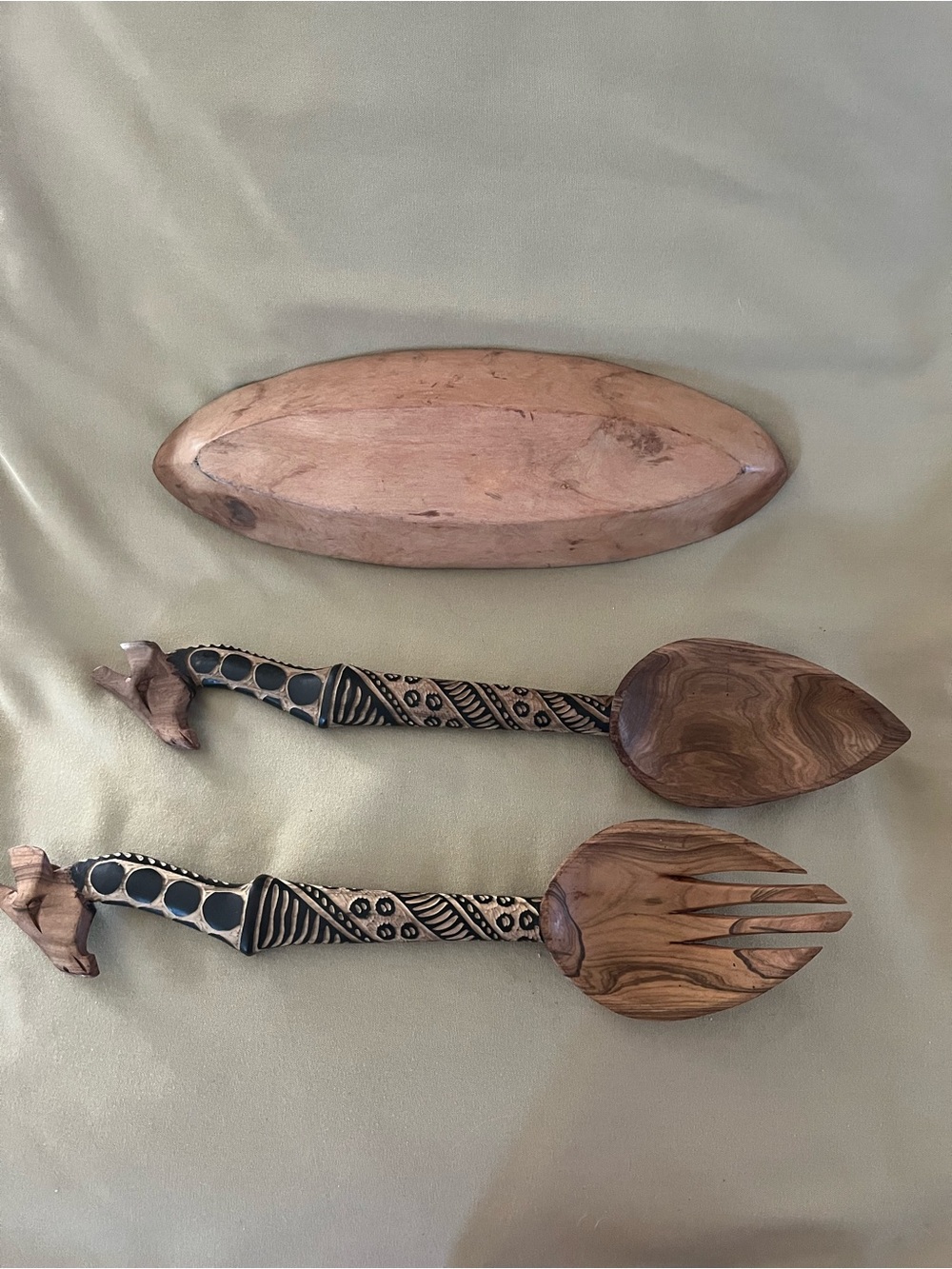 Set of African Design hand carved wood Salad Serving Fork & Spoon. w/Small Bowl - Picture 7 of 9